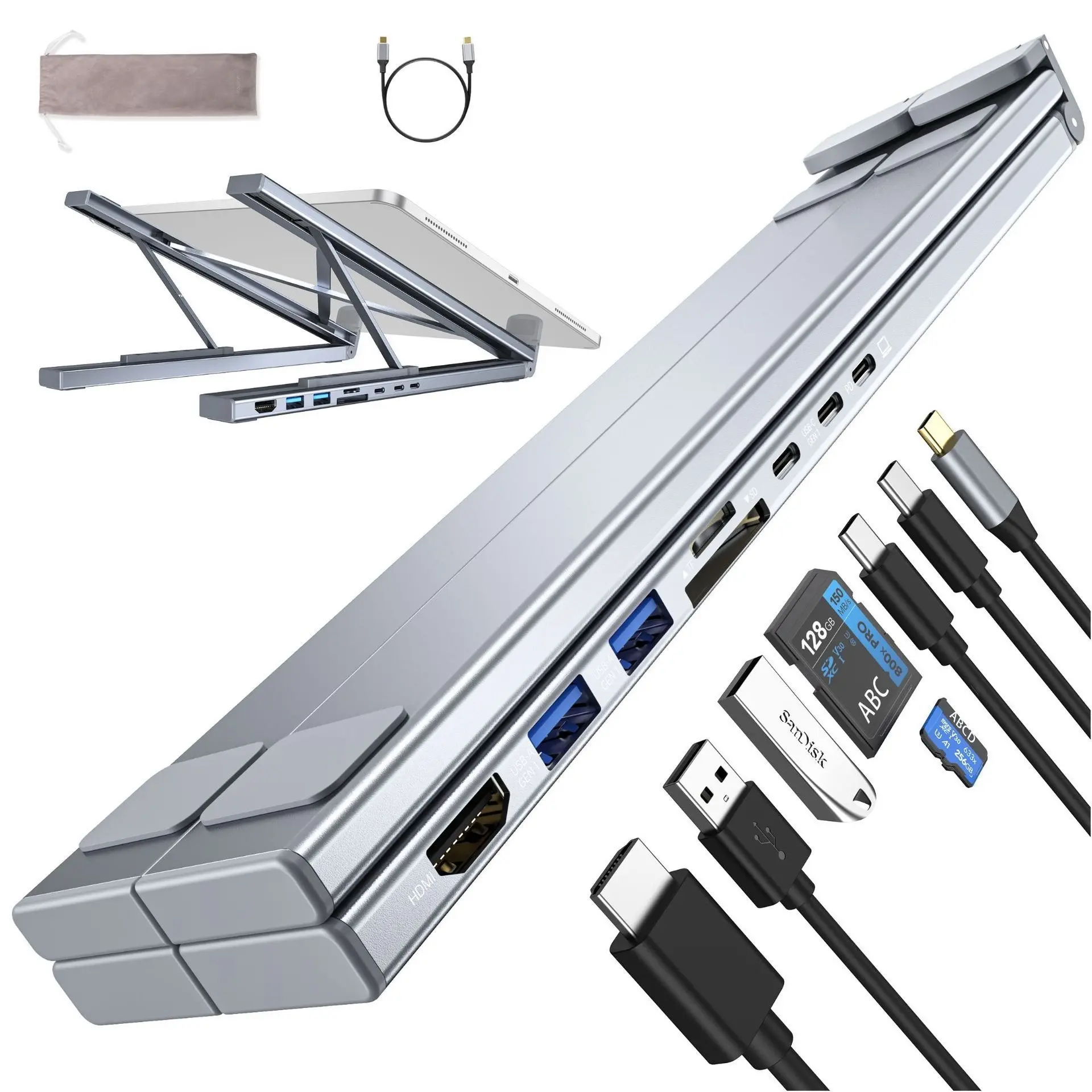 Laptop Holder Stand 5&8 Ports Usb c Hub Aluminium Adjustable HD 4K USB3.0 Multifunction 8 in 1 USB C HUB Laptop Stand