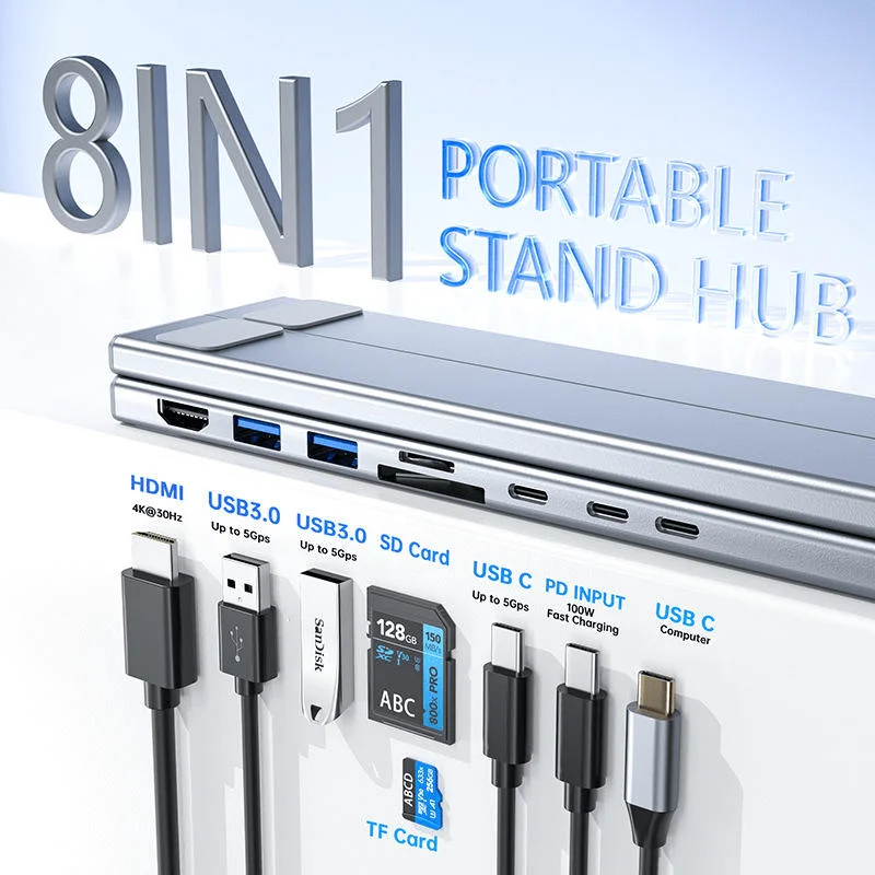 Laptop Holder Stand 5&8 Ports Usb c Hub Aluminium Adjustable HD 4K USB3.0 Multifunction 8 in 1 USB C HUB Laptop Stand